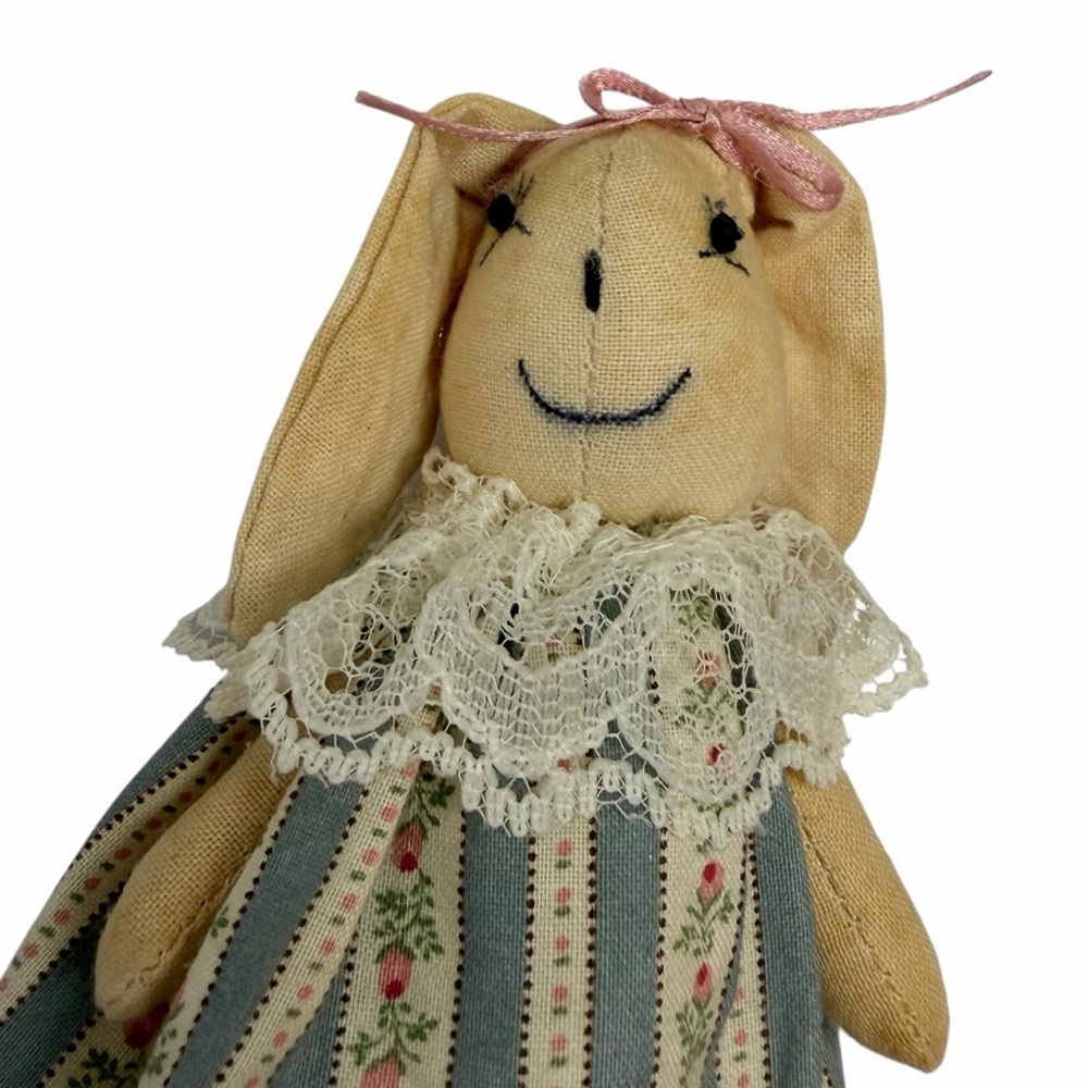Vintage Miniature Primitive Bunny Rabbit Doll 5" Blue Striped Floral Dress Lace